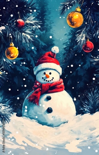 Festive winter illustration featuring a cheerful snowman wearing a Santa hat and red scarf, surrounded by snowy Christmas trees and colorful ornaments. Christmas card