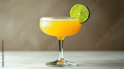 Classic Daiquiri served elegantly chilled cocktail glass clean white background showcasing its refreshing lime color and texture