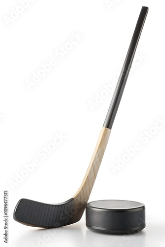 Professional Hockey Stick and Puck on White Background