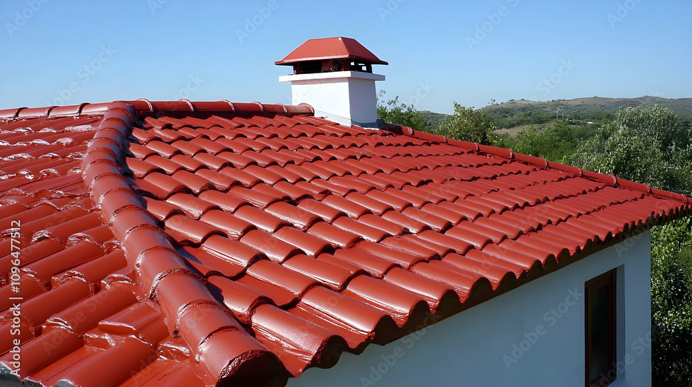 Naklejka premium Red Tile Roof on White House with Chimney