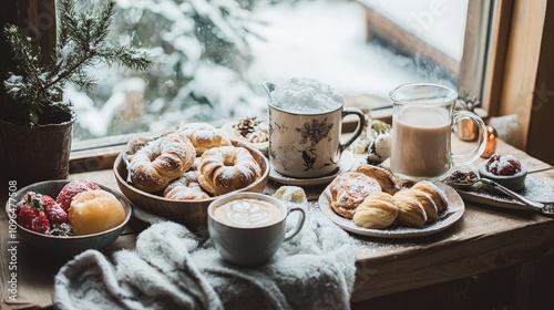 Cozy winter scene pastries, hot drinks, and fruit on a windowsill overlooking a snowy landscape. photo