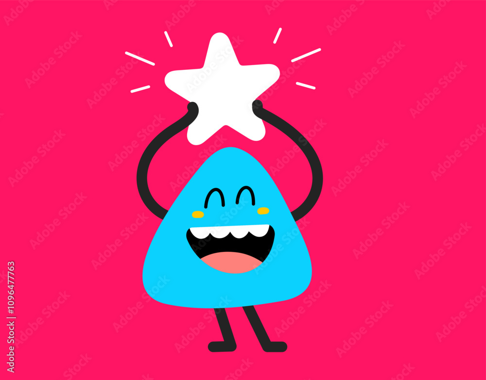 Vector cartoon illustration of smile geometric monster with star in hand on red color background. Flat style child doodle design of cute abstract shape happy character Vector cartoon illustration of smile geometric monster with star in hand on red color background. Flat style child doodle design of cute abstract shape happy character