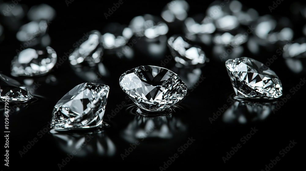 Sparkling diamonds scattered on a black reflective surface. Sparkling diamonds scattered on a black reflective surface.
