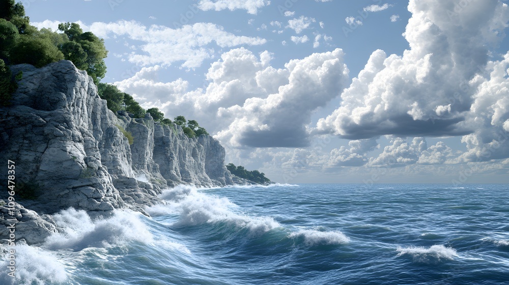 Serene coastal cliffs under a blue sky with fluffy clouds.
