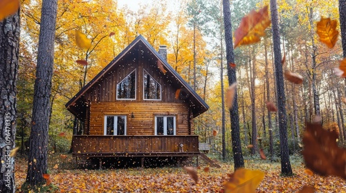 Cozy wooden cabin nestled in autumn forest, leaves falling.