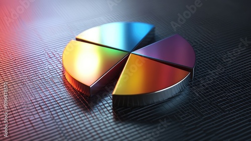 Realistic 3D pie chart with metallic sheen, [business visual], [emphasizing precision and cutting-edge technology] 