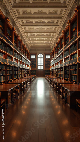 Aisle of wooden tables and chairs in a well-lit library room, functional, architecture, natural light, workspace