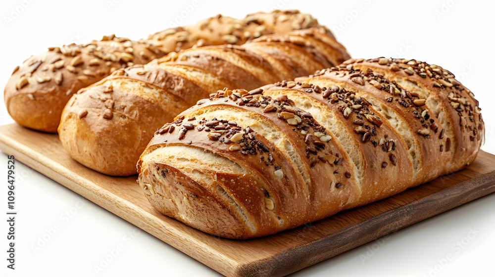 Artisan Seed-Encrusted Bread Loaves on Wooden Board Artisan Seed-Encrusted Bread Loaves on Wooden Board