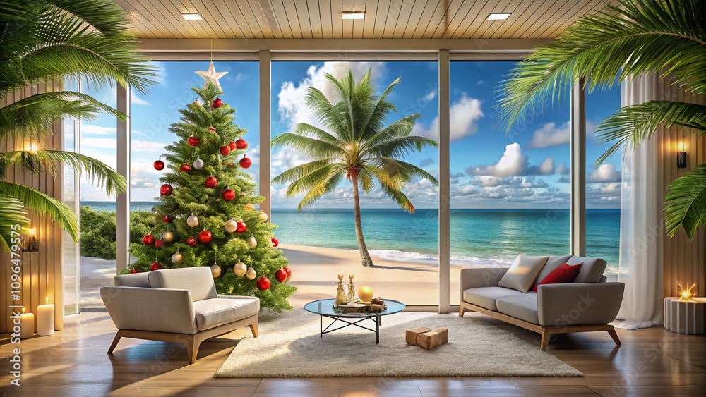 Fototapeta premium A Bright Christmas Room with a Tree Overlooking a Tropical Beach, Blending Festive Cheer with Serene Palm Tree Views Through Large Windows