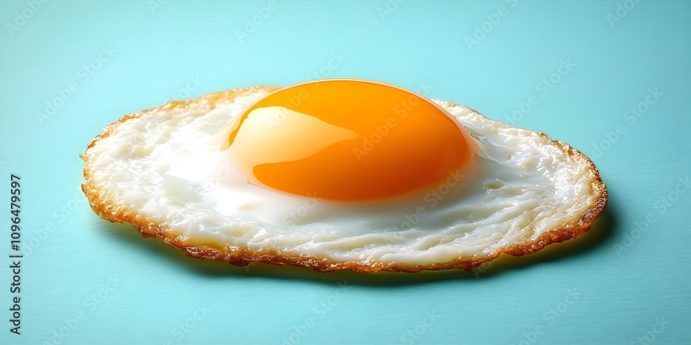 A perfectly fried egg with a runny yolk, sitting on a light teal background.