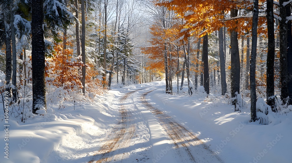 A serene winter scene with snow-covered trees and golden leaves lining the snowy path. A serene winter scene with snow-covered trees and golden leaves lining the snowy path.
