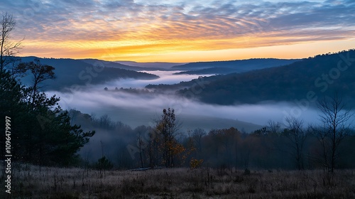 Wallpaper Mural 10. Sunrise over a foggy mountain valley with layers of light and shadow Torontodigital.ca