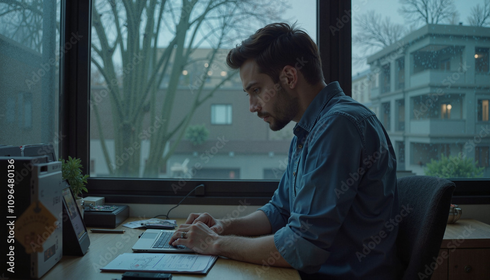 Tired man working intently at a table near a large window on a sad rainy day on Blue Monday