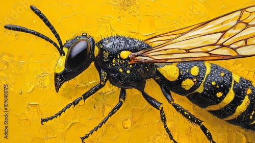 Detailed close-up of golden wasp, emphasizing its intricate body structure and vivid yellow-black coloration, set against a vibrant yellow background