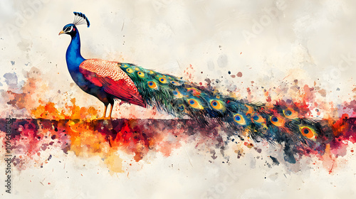 Vibrant Watercolor Peacock Illustration with Colorful Splashes