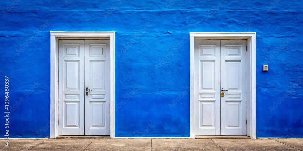 A Captivating Scene of Two White Doors Framed by a Vibrant Blue Wall, Perfect for Home Decor and Design Inspiration in Landscape Photography A Captivating Scene of Two White Doors Framed by a Vibrant Blue Wall, Perfect for Home Decor and Design Inspiration in Landscape Photography
