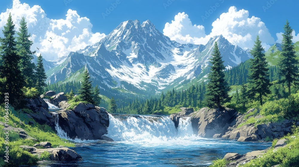 Serene Mountain Waterfall Landscape Serene Mountain Waterfall Landscape