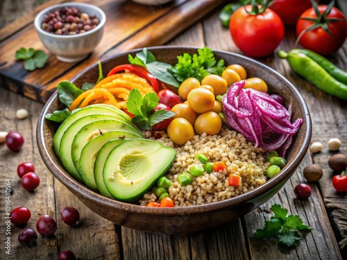 A Charming Bowl of Wholesome Ingredients: Quinoa, Avocado, Chickpeas, and Fresh Vegetables in a Vibrant Macro Photography Scene