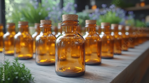 A Row of Exquisite Amber Glass Bottles, Perfect for Display or Sale