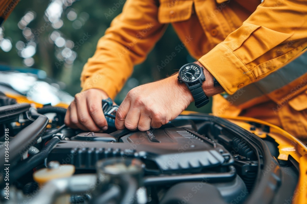 Skilled mechanic inspecting car engine with precision tools Skilled mechanic inspecting car engine with precision tools