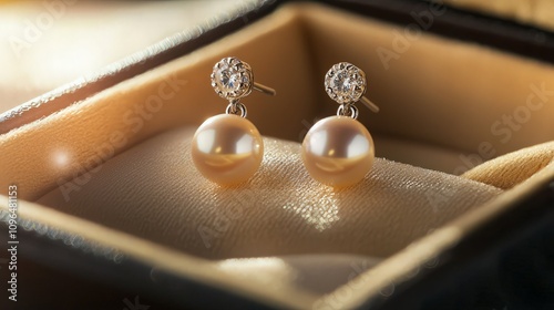 Elegant pearl and diamond earrings in a luxury jewelry box.