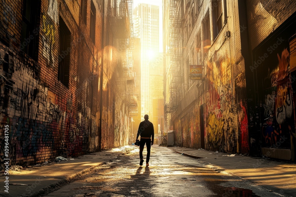 Person walks graffitied alley, sunlit end. Person walks graffitied alley, sunlit end.