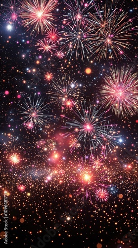 A mesmerizing firework display in mid-air with a stunning overlay of glittering sparks and stars, display, celestial display, sparkling lights, fireworks