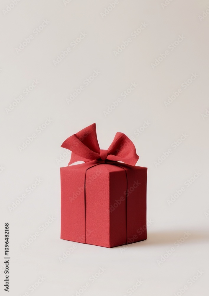 Fototapeta premium A red gift box tied with a shiny ribbon, placed against a soft beige background with gentle shadows.