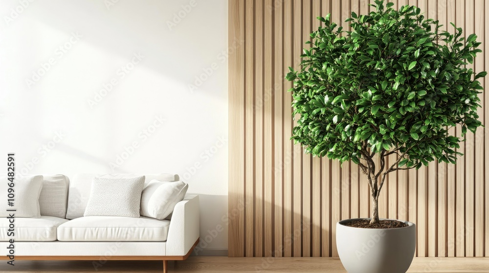 Stylish living room featuring white walls, vertical wooden slats as decor, and a large potted green tree in the corner, creating a modern aesthetic Stylish living room featuring white walls, vertical wooden slats as decor, and a large potted green tree in the corner, creating a modern aesthetic
