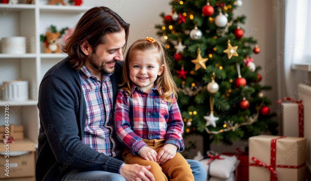a man and a girl are sitting in front of a christmas tree. a man and a girl are sitting in front of a christmas tree.
