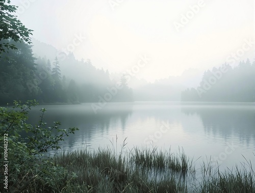 A misty forest scene with a serene lake in the background, serene atmosphere, abstract light blue, reflective surface