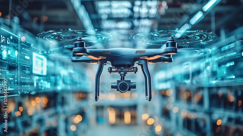 Modern Drone Capturing Aerial Imagery In High-Tech Warehouse Environment