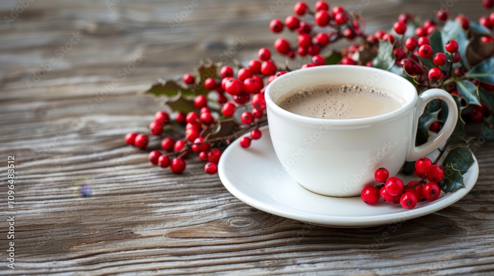 White Cup Of Hot Coffee With Festive Christmas Decoration Of Holly Berry On Rustic Wooden Background White Cup Of Hot Coffee With Festive Christmas Decoration Of Holly Berry On Rustic Wooden Background