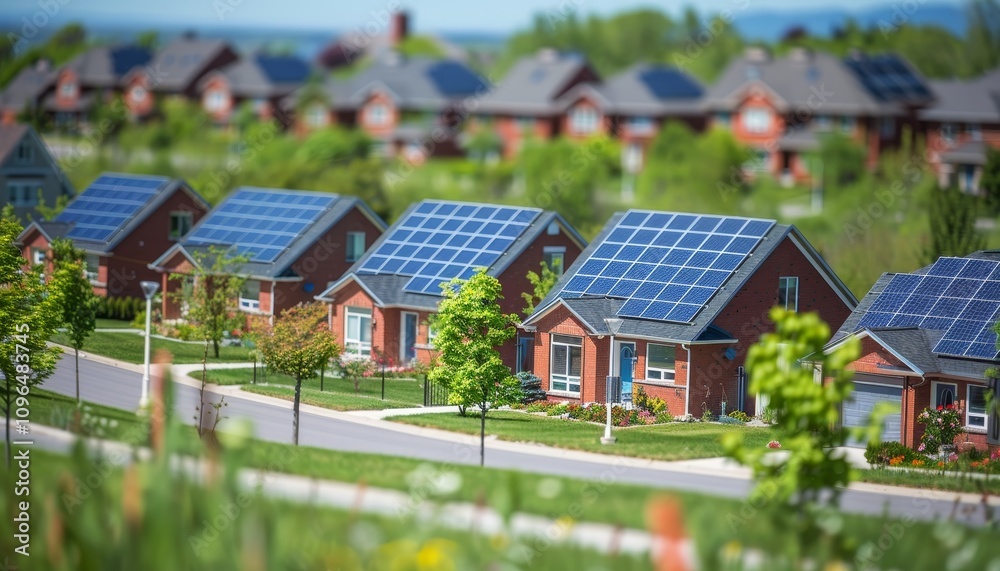 Harnessing solar energy with eco friendly rooftop solar panels on modern residential homes. Harnessing solar energy with eco friendly rooftop solar panels on modern residential homes.