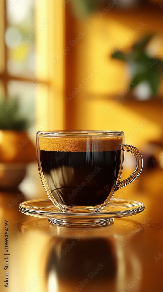 A Delicate Espresso in a Transparent Glass Cup, Capturing the Essence of a Cozy Coffee Break A Delicate Espresso in a Transparent Glass Cup, Capturing the Essence of a Cozy Coffee Break