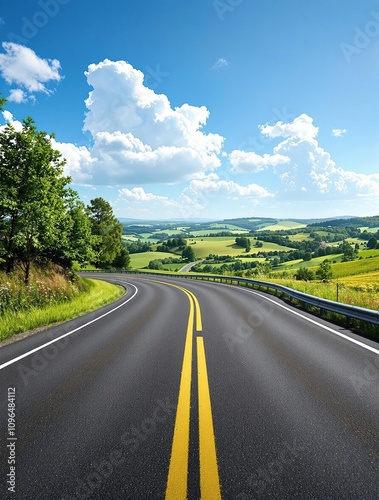 A narrow asphalt road with two yellow lines, winding through a picturesque countryside, , scenic views