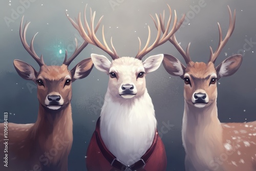 Three majestic deer, one white, two brown, standing together. photo