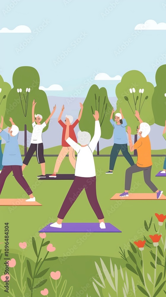 A group of older people are exercising in a park. Scene is positive and energetic, as the people are enjoying their time together and engaging in physical activity A group of older people are exercising in a park. Scene is positive and energetic, as the people are enjoying their time together and engaging in physical activity