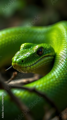 Vibrant green snake resting on branches in a dense rainforest during twilight hours