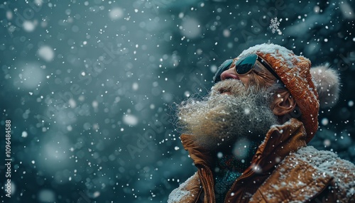 Elegant santa claus with dark sunglasses smiling amid snowflakes and vibrant new year s lights photo