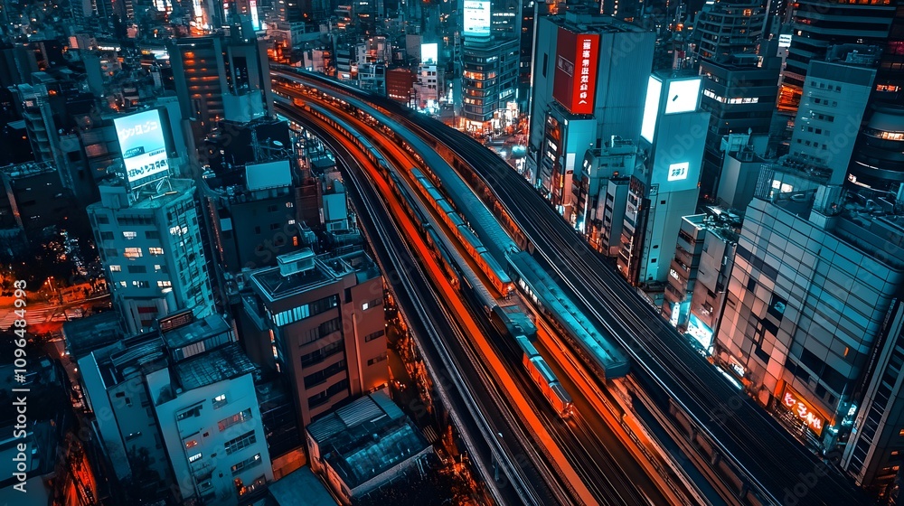 Obraz premium Vibrant cityscape at night showcasing illuminated trains in a bustling urban environment.