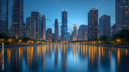 Stunning city skyline reflecting on tranquil water at dusk.