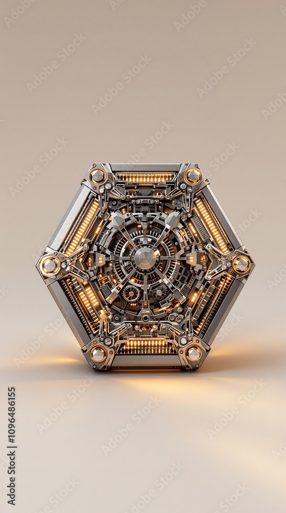 Fototapeta premium A hexagonal metal piece with intricate carvings and subtle metallic sheen under soft warm lighting, hexagonal metal, abstract design, artisanal craftsmanship, geometric pattern