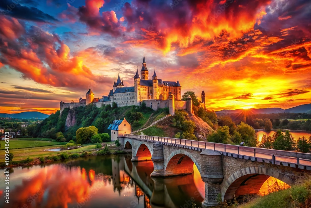 Fototapeta premium A Majestic Flaming Castle Overlooking a Serene Bridge Amidst a Fiery Sunset - Enchanting Fantasy Landscape for Imaginative Scenes and Storytelling