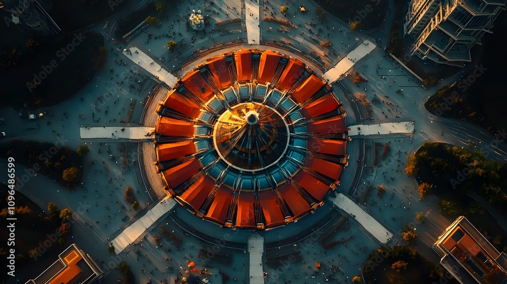 Obraz premium Aerial view of a stunning circular structure during sunset, surrounded by people.