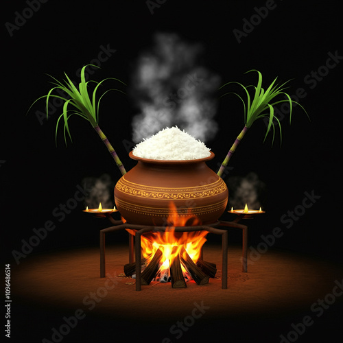 A Pongal pot with milk stea...