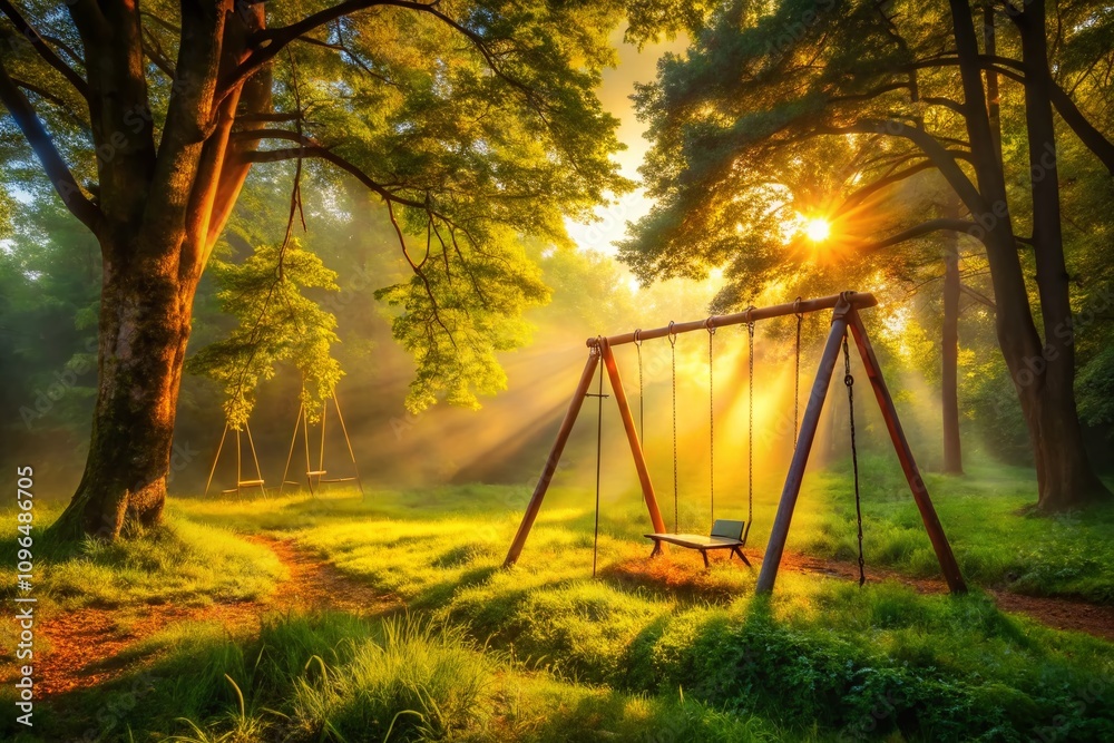 A Misty Forest Clearing with a Rusty Swing Set and Slide Illuminated by Morning Sunlight - Capturing Nostalgia and Serenity in Nature's Embrace A Misty Forest Clearing with a Rusty Swing Set and Slide Illuminated by Morning Sunlight - Capturing Nostalgia and Serenity in Nature's Embrace