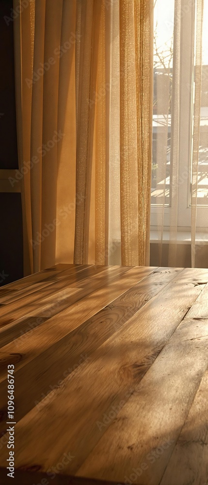 A large wooden table top with a warm and inviting ambiance in front of a partially curtained window showing a gentle breeze, warm light, natural setting, outdoor scene, gentle breeze A large wooden table top with a warm and inviting ambiance in front of a partially curtained window showing a gentle breeze, warm light, natural setting, outdoor scene, gentle breeze