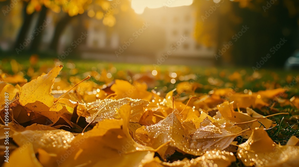 Golden autumn leaves on grass, sunlight. Golden autumn leaves on grass, sunlight.