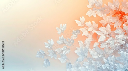Blend of white and peach floral designs gracefully spreading over a gradient background that shifts from warm sunset tones to a cool, frosty white, creating a balance of warmth and chill.